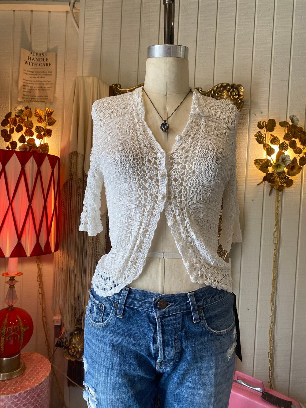 vintage 1970s white crochet cardigan, 70s open knit sweater, sheer see through
